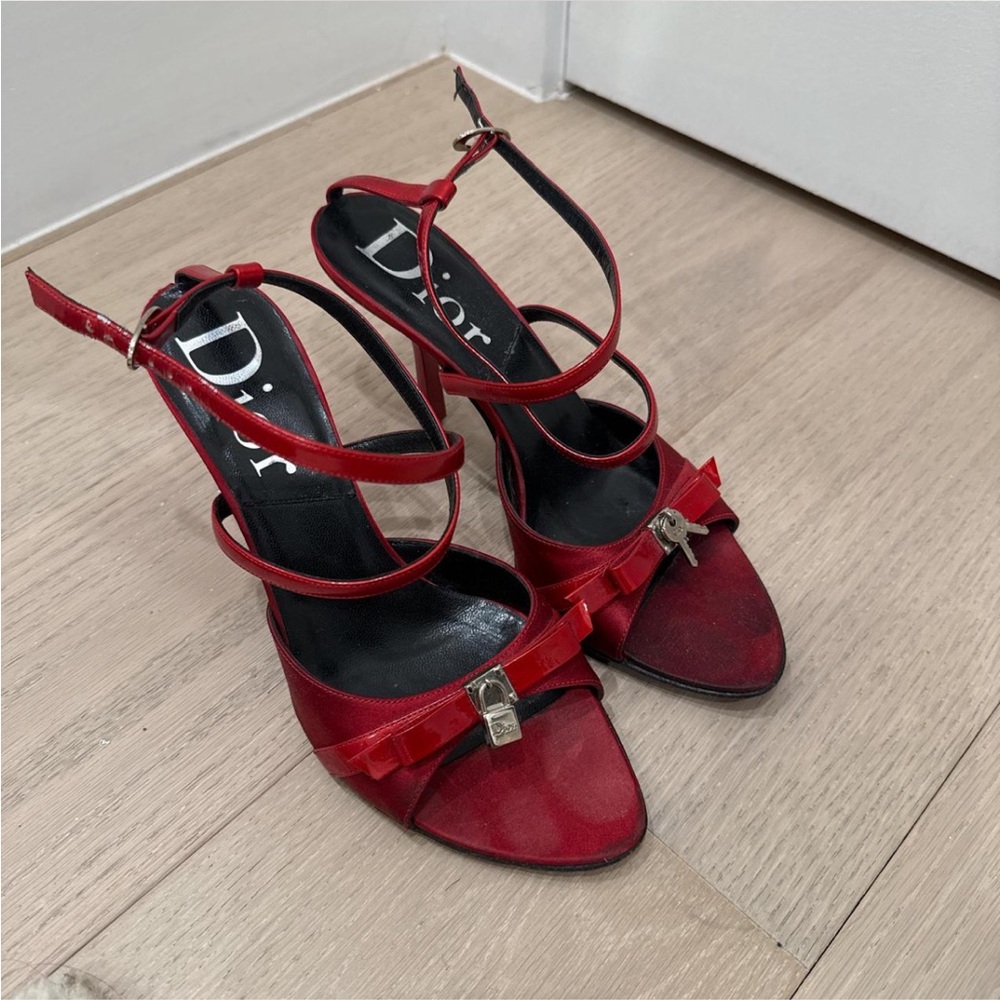 Red vintage dior kitten heels with lock and key